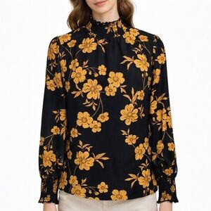 Sanctuary Floral Smocked Mock Neck Blouse S Black Yellow Long Sleeve Boho Top